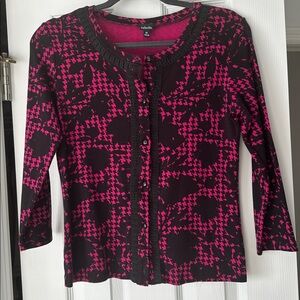 Rafaella Pink and Black Patterned Cardigan Size Medium Stunning BodyCon Top